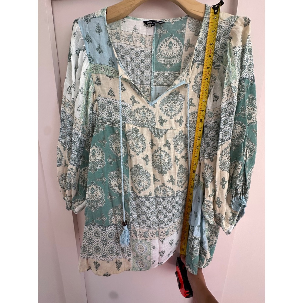 Unique Spectrum Womens XL Boho Patchwork Tassel Tie Peasant Blouse Teal Blue - Picture 4 of 6